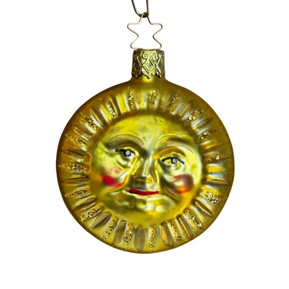 Inge-Glas Germany Smiling Sun Face Glass Ornament Gold Glitter Rays 3" Retired - Picture 2 of 5